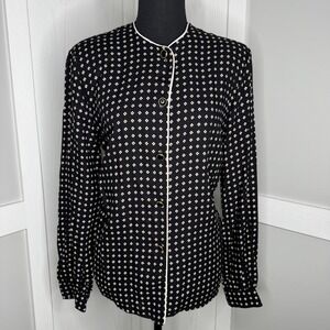 Leslie Fay Blouse Women Size 8 Black Geometric Floral Print Button Up Vintage